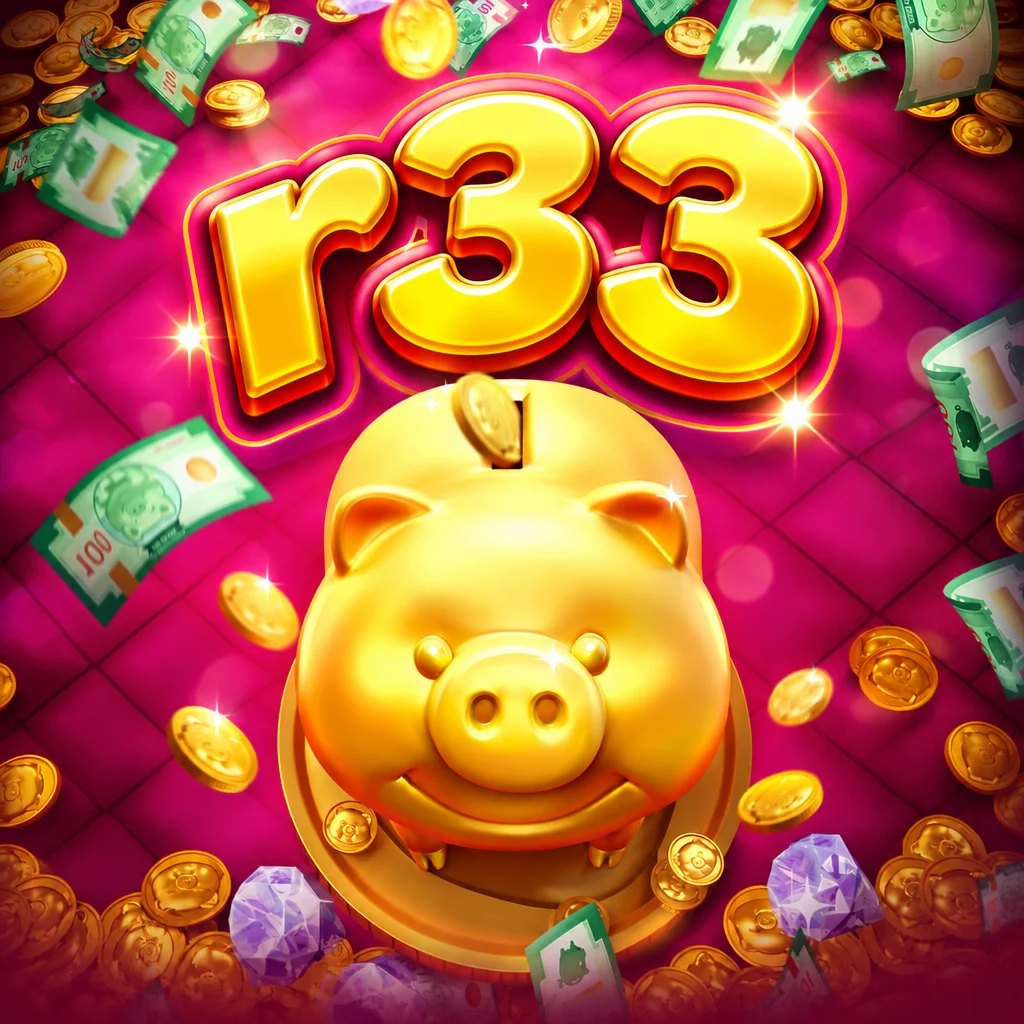 Celengan babi emas bertabur koin dan uang kertas berpadu logo r33 dalam Lucky Piggy